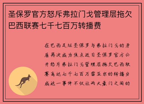 圣保罗官方怒斥弗拉门戈管理层拖欠巴西联赛七千七百万转播费